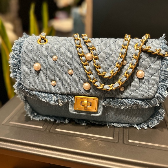 KARL LAGERFELD PARIS Quilted Agyness Light Blue Denim Shoulder Bag - Picture 7 of 7